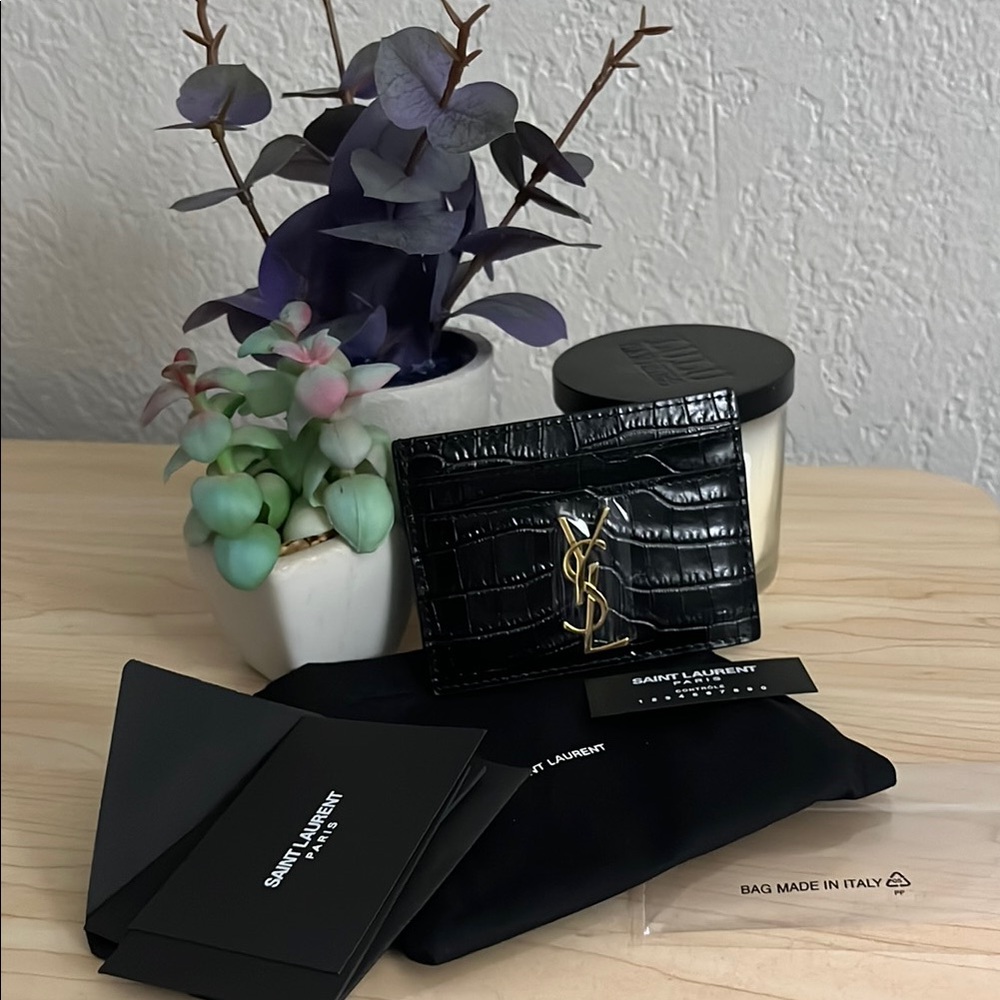 NWT Saint Laurent Black Croc-Embossed Card Holder - Picture 3 of 9